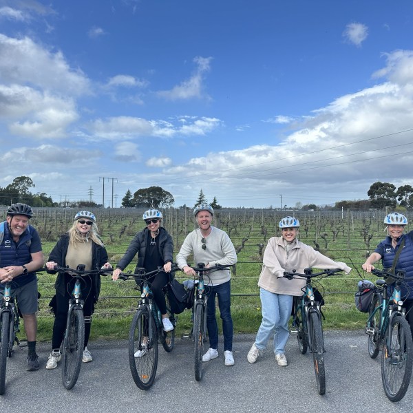 Group of six people with bikes and helmets posing in front of vineyard.