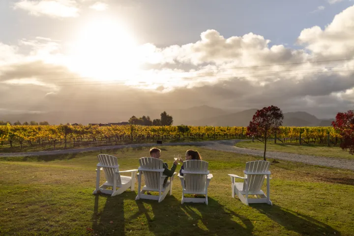 Couple sitting on white chairs, toasting in a vineyard at sunset with mountains in the background.