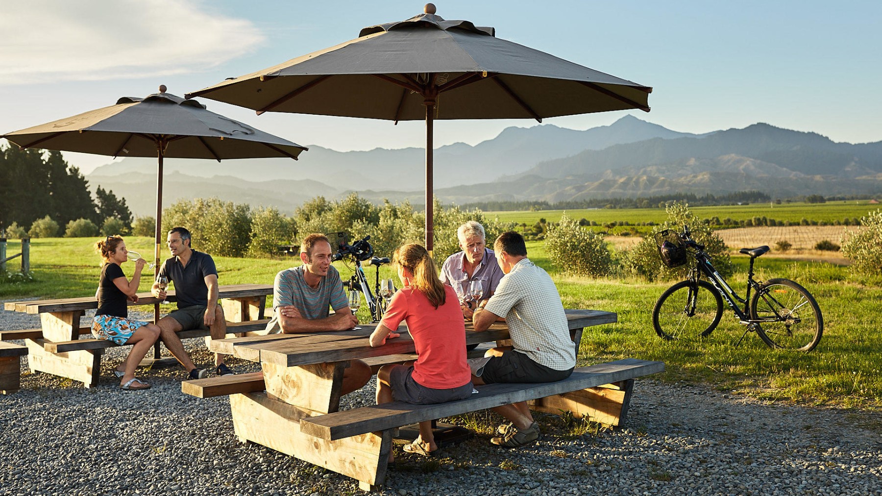 a group of people sitting at a picnic table
