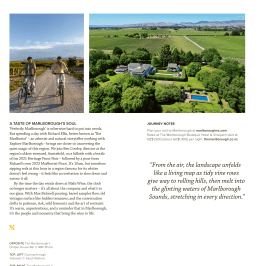 Two cyclists on a gravel road and an aerial view of a vineyard and estate with surrounding landscape.