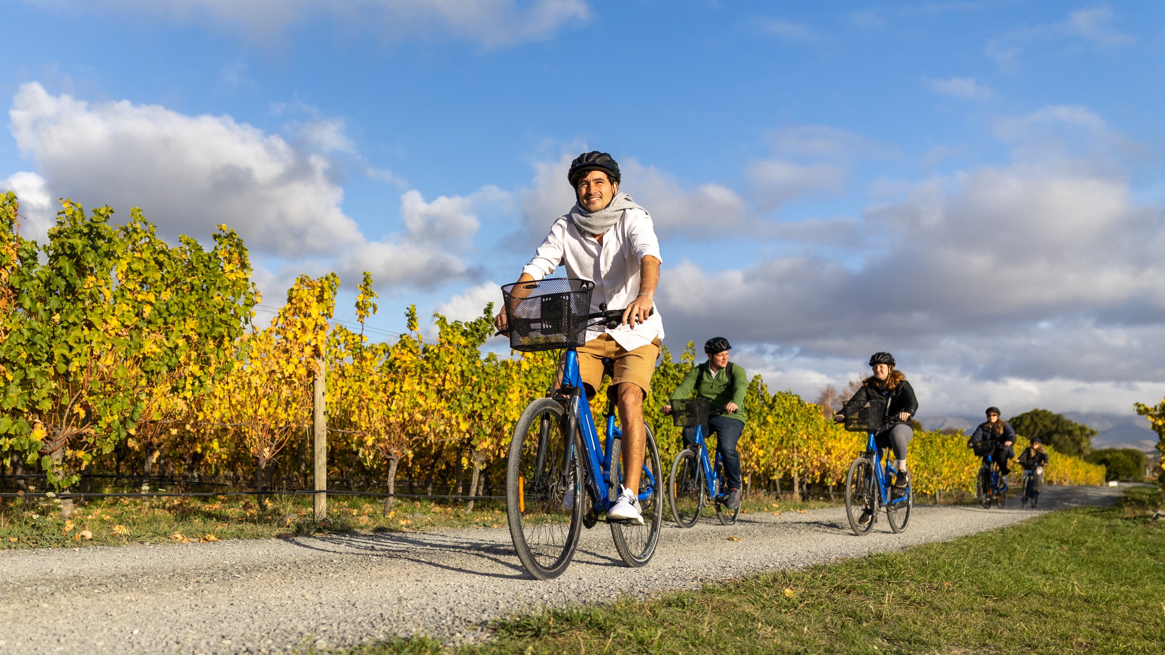 Group of people cycling on a path through a vineyard under a blue sky.