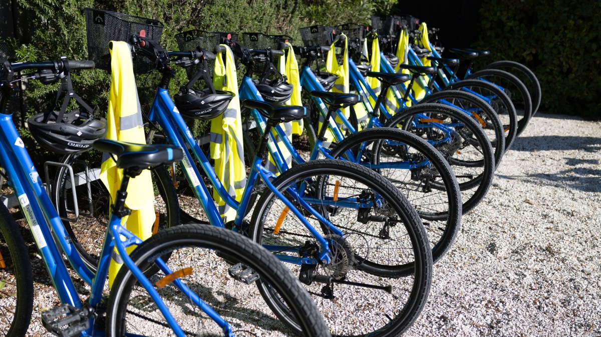 Row of blue bicycles with helmets and vests parked on gravel.