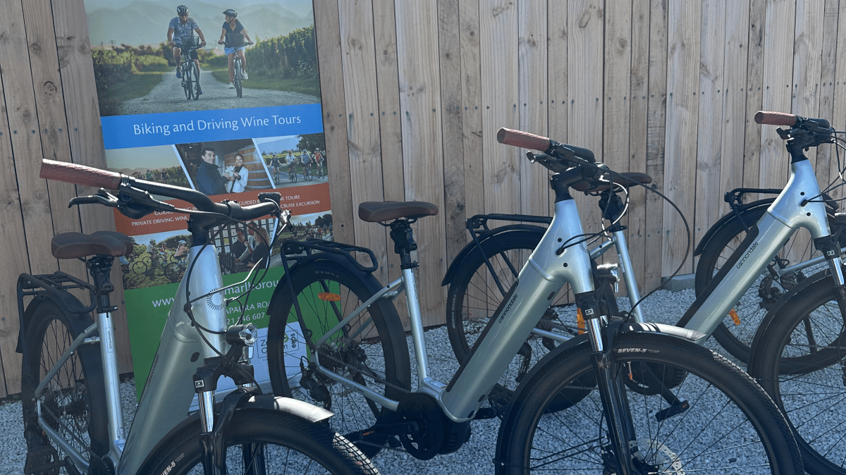 Row of bicycles in front of a wooden fence, with a Marlborough Wine Tours sign.