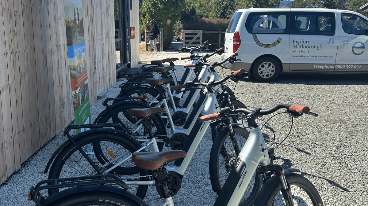 Row of electric bikes next to a wooden building and a van under a blue sky.
