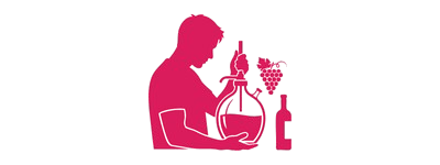 Silhouette of person with large decanter, wine bottle, and grapes.