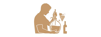Silhouette of a person with wine bottle, grapes, and carafe.