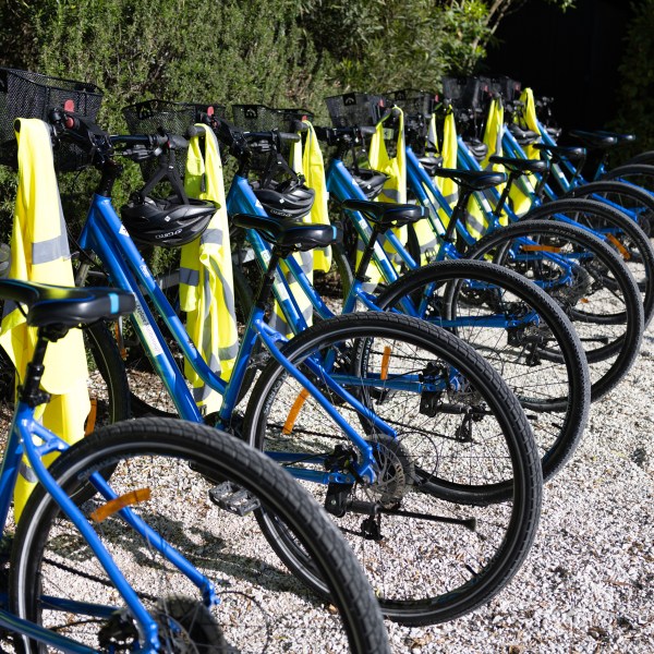Row of blue bicycles with helmets and yellow vests on a gravel surface.