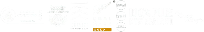 Logos featuring Carbon Conscious, TripAdvisor, Tiaki, Qualmark, and 100% Pure New Zealand.
