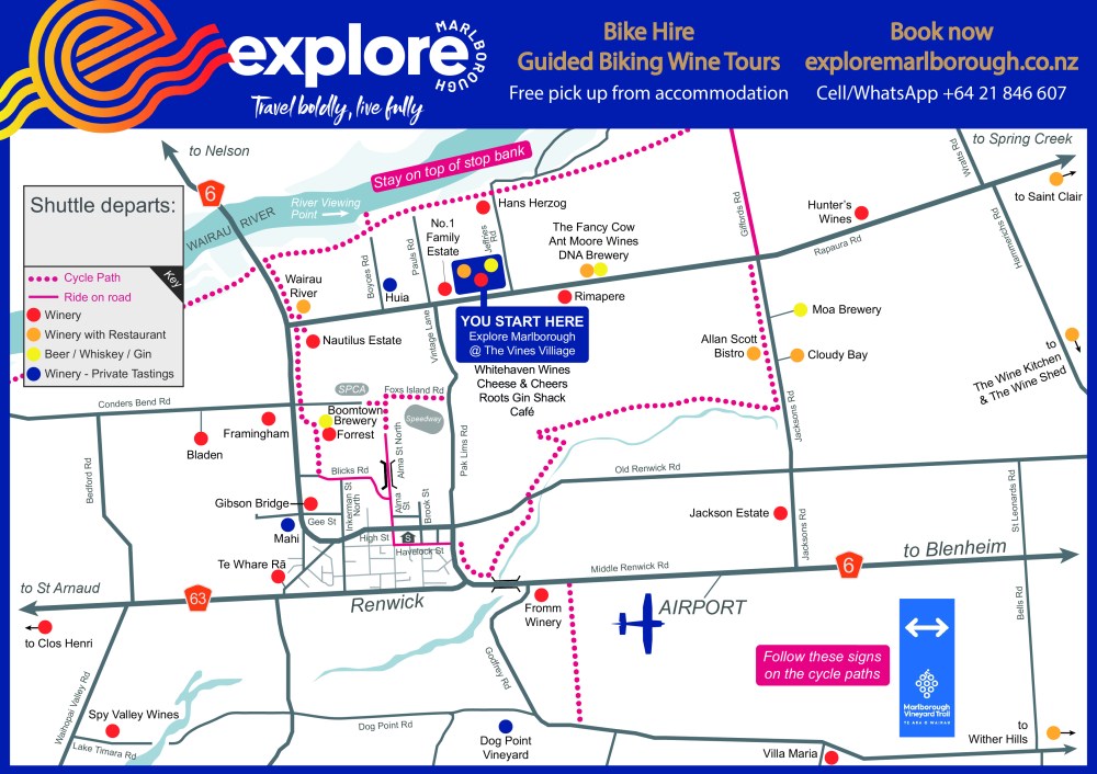 Colorful biking map of Marlborough wine tours with paths, wineries, and points of interest marked.
