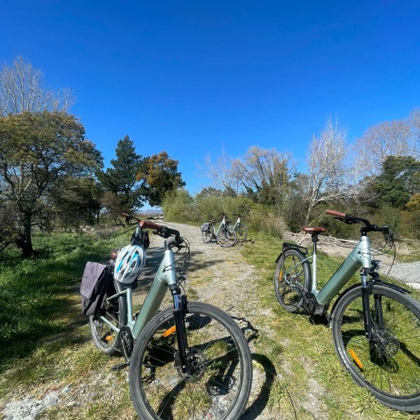 Four bicycles parked on a grassy path under a clear blue sky.