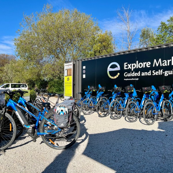 Blue bicycles lined up outside a rental shop with a black sign under a clear sky.