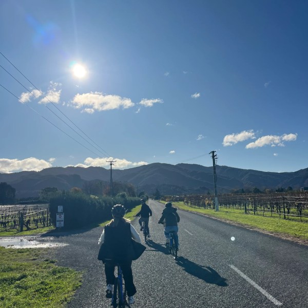 Three people cycling on a sunny road with mountains and clear skies.