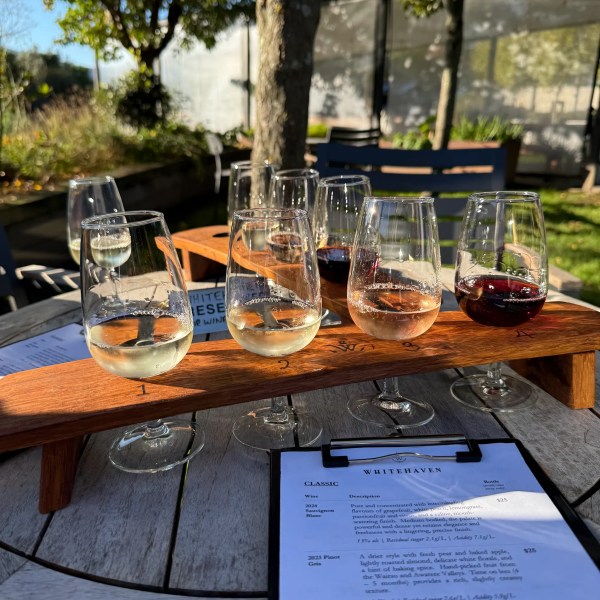 Outdoor table with wine flight and menu under trees on a sunny day.