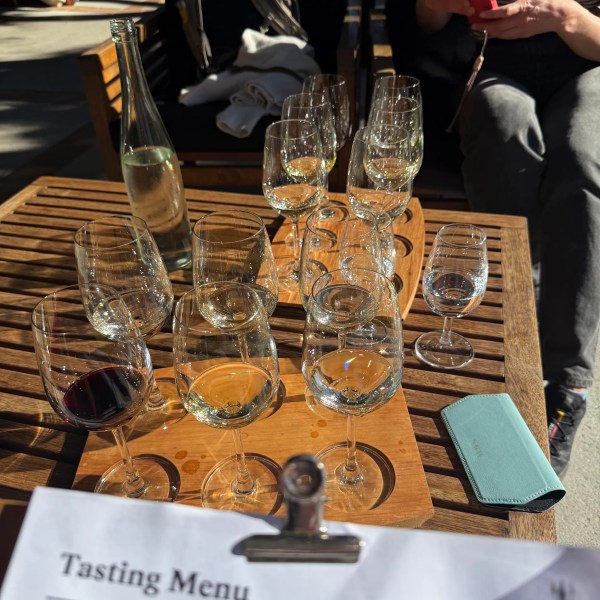A tasting tray with multiple glasses of wine on an outdoor table.