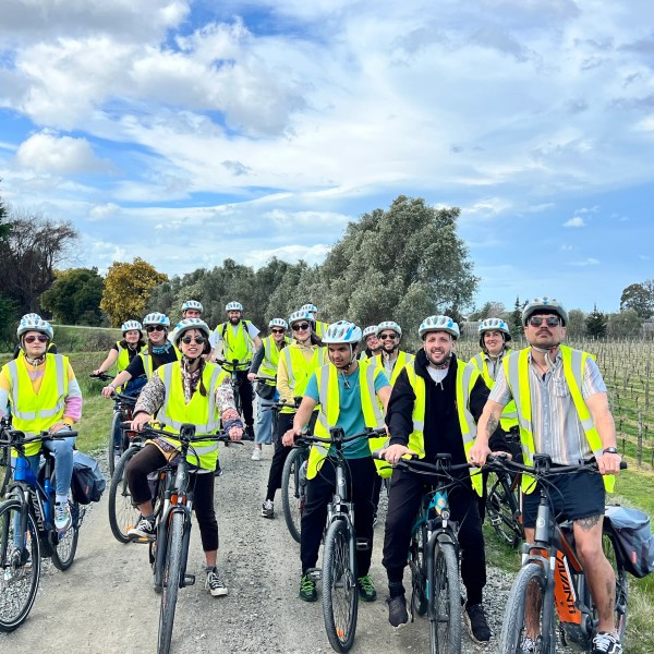 Group of cyclists in yellow vests on a rural path with fields and trees in the background.