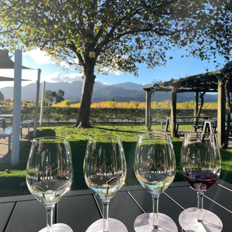 Four wine glasses on a table with vineyard and mountains in the background.