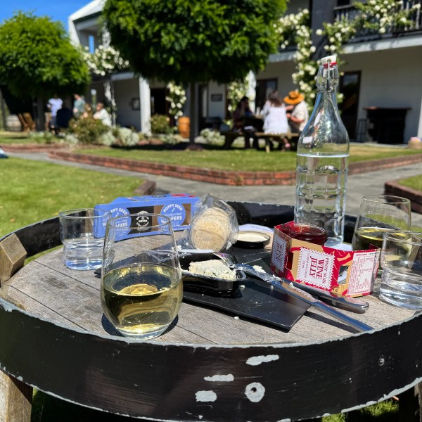 Outdoor table with wine, cheese, crackers, and wine jelly on a sunny day, people in background.