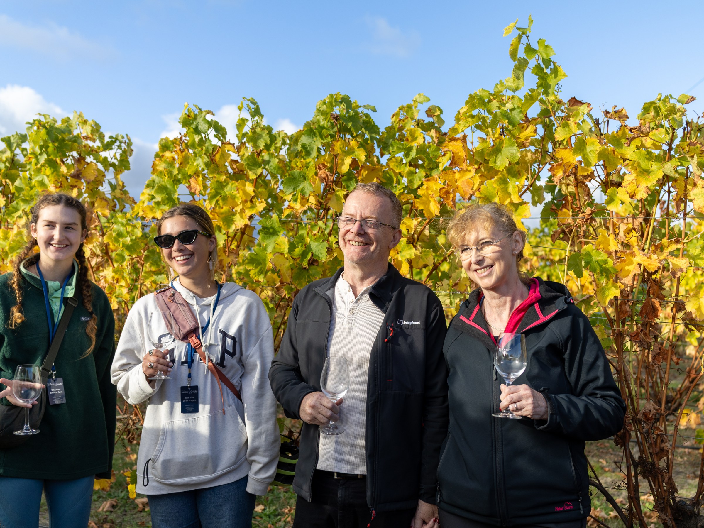 Four people smiling, holding wine glasses, in a vineyard with autumn leaves.