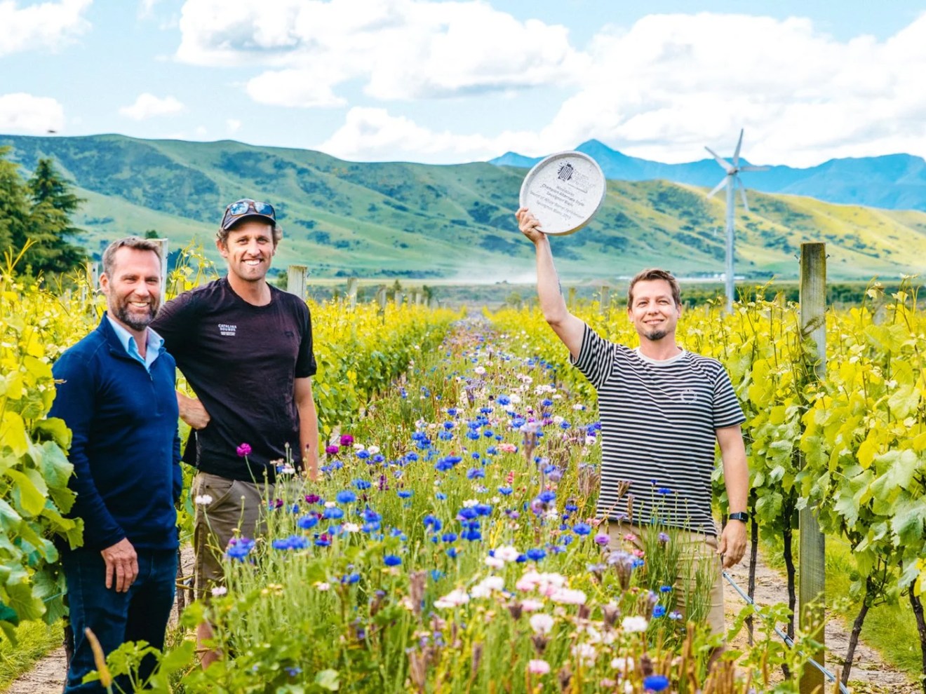 Three men in vineyard, one holding a plaque, surrounded by flowers and wind turbines in the background.