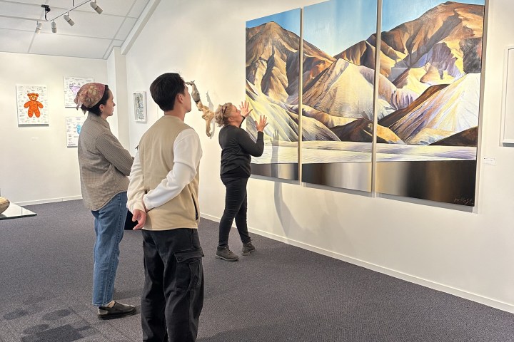 Three people observing a large landscape painting in a gallery.